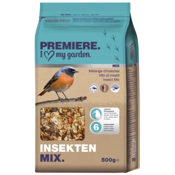 Ein Beutel "Premiere Insect Mix" für Vögel, der eine bunte Vogelillustration und Text zu Zutaten und Nährstoffen zeigt.
