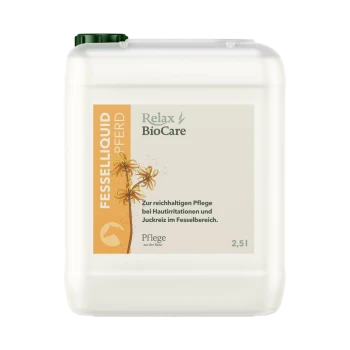 Ein 2,5-Liter-Behälter von Relax BioCare Fessel Flüssigkeit für Pferde, mit einem floralen Design und Text auf Deutsch über die Pflege von Hautreizungen.