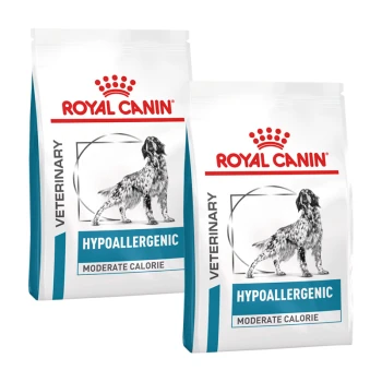 Twee zakken Royal Canin veterinaire hondenvoer, gelabeld "Hypoallergeen" en "Gemiddelde Calorieën," met een hondenillustratie.
