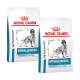 Zwei Tüten Royal Canin veterinär Hundetrockenfutter, beschriftet mit "Hypoallergen" und "Moderate Calorie," mit einer Hundegrafik.