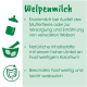 Zwei schlafende weiße Welpen kuscheln auf einer weichen Oberfläche mit cdVet Welpenmilch in der Nähe. Text: "Ersatzmilch bei Ausfall des Muttertieres."