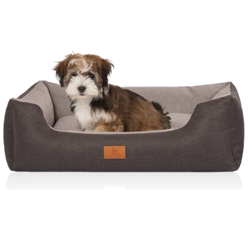 Braun-weißer Welpe sitzt in grauem Hundebett mit erhöhtem Rand und Lederetikett mit der Aufschrift 'KNUFFELWUFF'.