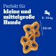Tierleckerlis in Form von Sternen, geeignet für kleine bis mittelgroße Hunde (5-15 kg), mit einer Größe von 3,6 cm, auf einem blauen Hintergrund.