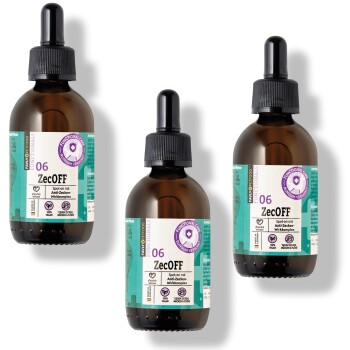 Drei braune Glasflaschen ZecOFF, eine Anti-Zecken-Lösung für Haustiere, beschriftet mit "06" und "Spot-on mit Anti-Zecken-Wirkkomplex."