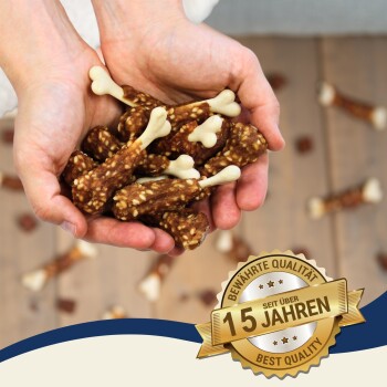 Hände halten knochenförmige Hundeleckerlis mit einem "Beste Qualität"-Abzeichen und "15 Jahre", was über 15 Jahre vertrauenswürdige Qualität anzeigt.