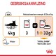 Instructies voor het voeden van een kat van 4 kg: 3 zakjes of 1 zakje plus 32 g Royal Canin Hair & Skin Care, met watericoon.