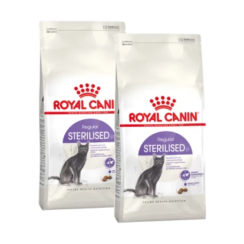 Deux sacs de nourriture pour chats Royal Canin Regular Sterilised, avec un chat gris sur le devant, mettant en avant la nutrition pour la santé féline.