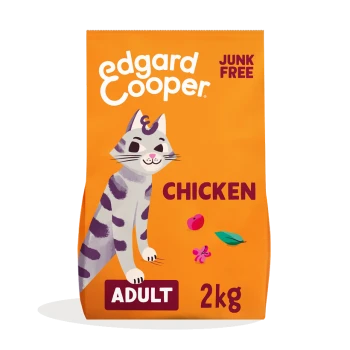 Orange cat food bag featuring a playful illustrated cat, labeled "Edgard Cooper," "CHICKEN," "ADULT," and "2kg," with "JUNK FREE" text.