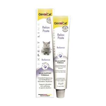 GimCat Relax Paste Balance Tube und Verpackung für Katzen, Relax‑Support‑Formel, 50 g, ohne Zuckerzusatz, Hergestellt in Deutschland.