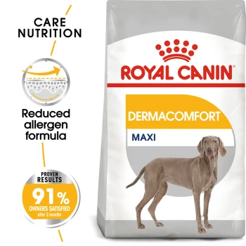 Royal Canin Dermacomfort Maxi dog food bag featuring a Weimaraner, highlighting reduced allergen formula and 91% owner satisfaction.