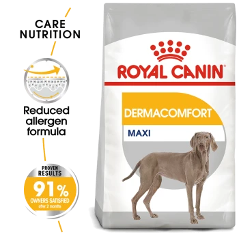 Royal Canin Dermacomfort Maxi dog food bag featuring a Weimaraner, highlighting reduced allergen formula and 91% owner satisfaction.