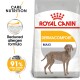 Royal Canin Dermacomfort Maxi dog food bag featuring a Weimaraner, highlighting reduced allergen formula and 91% owner satisfaction.