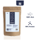 Braune Papiertüte mit Haustierfutter, die mit "100% Fisch" und "90% Protein" sowie "Mit Omega-3" beschriftet ist, mit Fütterungsanweisungen und Lagerinformationen.