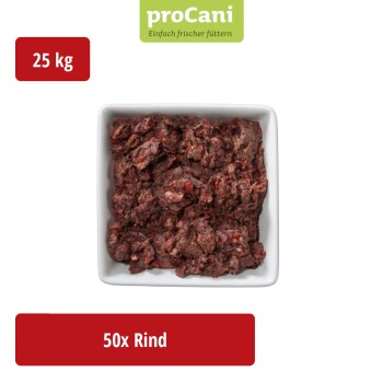 Verpacktes rohes Hundefutter beschriftet mit "proCani by nature" mit einem roten und weißen Design, mit "Rind Vital" (Beef Vital) und einer Menge von 50x.