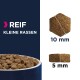 Nourriture pour animaux de petite race, avec une taille de croquettes de 10 mm, présentée dans un bol avec le texte 'REIF KLEINE RASSEN.'