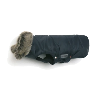 Marineblauer Hundewintermantel mit Kapuze mit Kunstpelzbesatz, gestepptem Körper und Druckknopfverschlüssen, Etikett mit der Aufschrift WOLTERS.