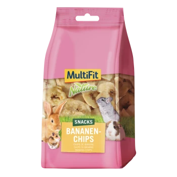 Rosa MultiFit Nature Tüte Bananenchips für Kleintiere, Aufschrift „SNACKS BANANEN-CHIPS“, Kaninchen und Nagetiere abgebildet.