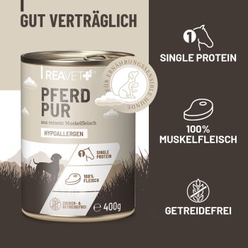 Dose mit Hundefutter, beschriftet mit "Pferd Pur" und einem Pferdegrafik, die Merkmale hervorhebt: einzelnes Protein, 100% Muskelfleisch, hypoallergen und getreidefrei.