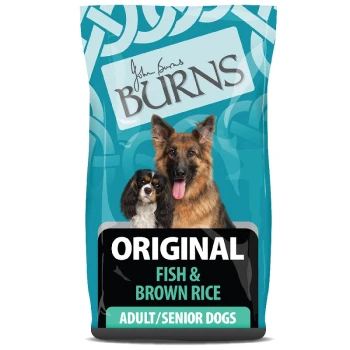 Dog food bag with a German Shepherd and Cavalier King Charles Spaniel, labeled "Burns Original Fish & Brown Rice Adult/Senior Dogs."