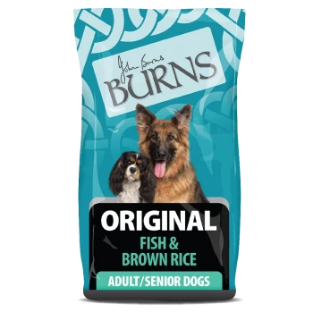Dog food bag with a German Shepherd and Cavalier King Charles Spaniel, labeled "Burns Original Fish & Brown Rice Adult/Senior Dogs."