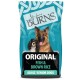 Dog food bag with a German Shepherd and Cavalier King Charles Spaniel, labeled "Burns Original Fish & Brown Rice Adult/Senior Dogs."