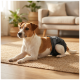 Chien Jack Russell brun et blanc portant une couche noire, allongé sur un tapis tissé dans un salon baigné de soleil.
