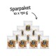 Eine Pyramide aus zehn 150g Beuteln mit Hundeleckerlis, beschriftet mit "Sparpaket", mit einer klaren Vorderseite und einem Foto der Leckerlis sowie einem dunklen Etikett.