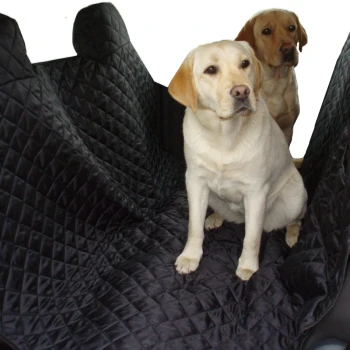 Zwei gelbe Labrador Retriever, die auf einem schwarzen, gesteppten Autositzbezug sitzen, der für den Schutz und Komfort von Haustieren konzipiert ist.