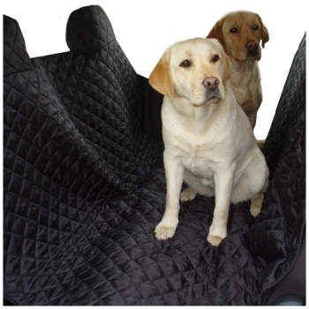 Zwei gelbe Labrador Retriever, die auf einem schwarzen, gesteppten Autositzbezug sitzen, der für den Schutz und Komfort von Haustieren konzipiert ist.