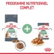 Emballage de nourriture pour chats Royal Canin Care Digestive avec des croquettes sèches et de la nourriture humide sur une assiette, étiqueté "Programme Nutritionnel Complet."
