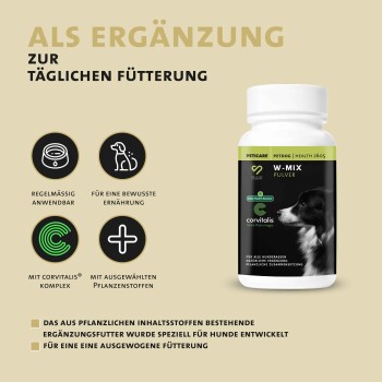 Flasche mit Wurm-Mix-Pulver für Hunde, das die Verdauungsgesundheit und Wurmprävention fördert, mit Symbolen für Anwendung, Verdauungsunterstützung und Zutaten.