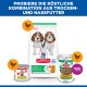 Hill's Science Plan Welpe <1 Trockenfutterbeutel mit zwei Nassfutterdosen, Hühnersymbole und Bilder von Beagle-Welpen