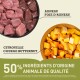 Bol de viande d'agneau crue, de foie d'agneau et de courge butternut en dés avec le texte : "50% INGREDIENTS D'ORIGINE ANIMALE DE QUALITÉ."