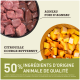 Bol de viande d'agneau crue, de foie d'agneau et de courge butternut en dés avec le texte : "50% INGREDIENTS D'ORIGINE ANIMALE DE QUALITÉ."