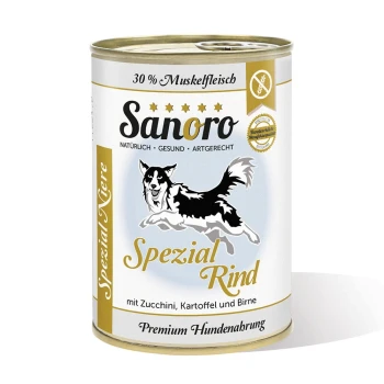 Dose Sanoro Hundefutter mit der Aufschrift 'Spezial Rind', mit einer schwarz-weißen Hundillustration, mit Zutaten Zucchini, Kartoffel und Birne.