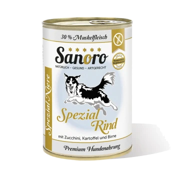 Dose Sanoro Hundefutter mit der Aufschrift 'Spezial Rind', mit einer schwarz-weißen Hundillustration, mit Zutaten Zucchini, Kartoffel und Birne.
