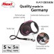 Black and pink flexi dog leash with ergonomic grip, 5m tape, and features for guidance, braking, and Multi Box connection. Size S, max 15kg.