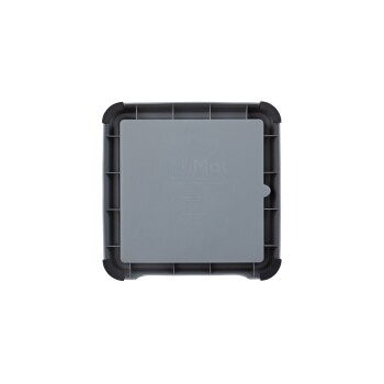 Graue LickiMat mit einer strukturierten Oberfläche, beschriftet mit "LickiMat®" und Anweisungen, die besagen "DAS IST KEIN KAUFSPIELZEUG."