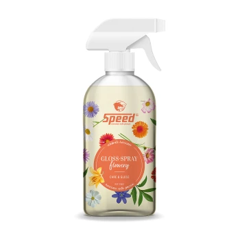 Eine Sprühflasche mit der Aufschrift "Speed Gloss-Spray Flowery" mit floralen Designs, die Pflege und Glanz für die Haustierpflege fördert.