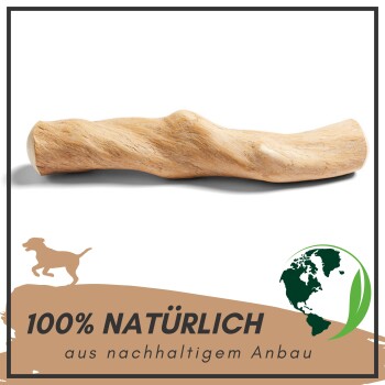 Natürliches Holz-Hundekauspielzeug mit einer gedrehten Form, beschriftet mit "100% NATÜRLICH aus nachhaltigem Anbau" mit einer Hundesilhouette und einem Globus-Symbol.
