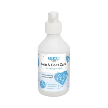 Biała butelka z pompką z etykietą „GRAU Care Skin & Coat Care” z niebieską ikoną serca i napisem „Unterstützung von Haut & Fell”