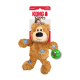 KONG Wild Knots brauner Plüschbär-Hundespielzeug mit blauen Flicken, grünem 'Feel me!'-Badge und Verpackung mit KONG-Logo