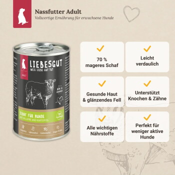 Dose Liebesgut Feuchtfutter (Schaf für Hunde) mit Aufschrift '70% mageres Schaf' und Vorteilsfeldern wie 'Leicht verdaulich'.