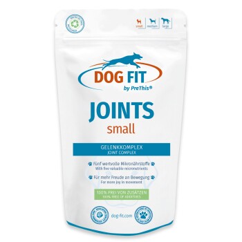 Weißer Beutel mit Aufschrift 'DOG FIT by PreThis' JOINTS Small Gelenkkomplex; blau-orange Logo mit rennendem Hund; '100% frei von Zusatzstoffen'.
