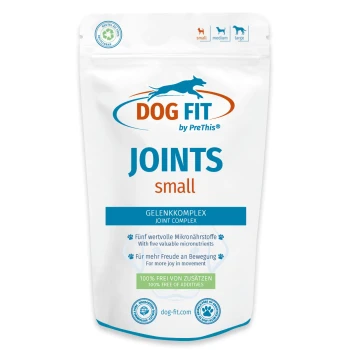 Weißer Beutel mit Aufschrift 'DOG FIT by PreThis' JOINTS Small Gelenkkomplex; blau-orange Logo mit rennendem Hund; '100% frei von Zusatzstoffen'.