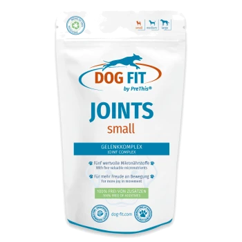 Weißer Beutel mit Aufschrift 'DOG FIT by PreThis' JOINTS Small Gelenkkomplex; blau-orange Logo mit rennendem Hund; '100% frei von Zusatzstoffen'.