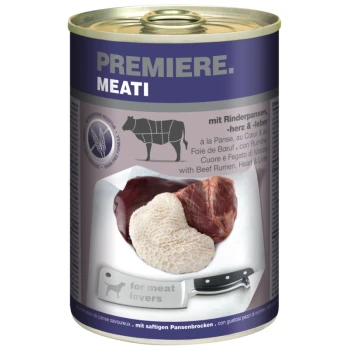 Nourriture pour animaux en conserve étiquetée "Premiere Meati" contenant de la panse de bœuf, du cœur et du foie, avec une illustration de couteau et de morceaux de viande.