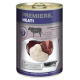Dosen-Haustierfutter, beschriftet mit "Premiere Meati", das Rinderpansen, Herz und Leber enthält, mit einer Illustration von einem Messer und Fleischstücken.