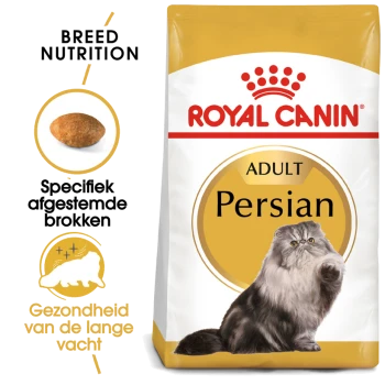Royal Canin Adult Perzische kattenvoer zak met een fluffy Perzische kat, met tekst die de voeding voor het ras en de gezondheid van de lange vacht benadrukt.