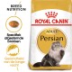 Royal Canin Adult Perzische kattenvoer zak met een fluffy Perzische kat, met tekst die de voeding voor het ras en de gezondheid van de lange vacht benadrukt.